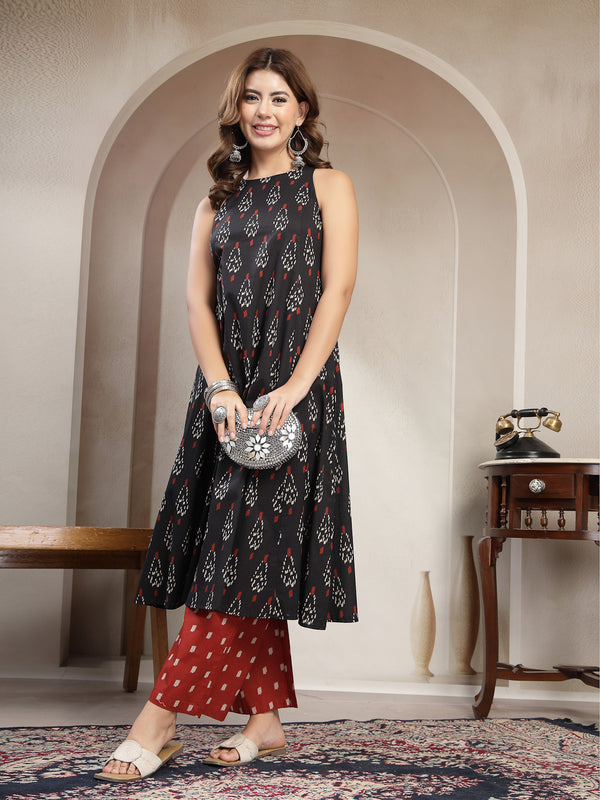 Cotton Calf Length Printed Sleeveless Round Neck Flared Kurta Suit Set