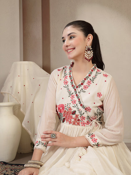 Gulmohar Jaipur Cotton Calf Length Solid Full Sleeves Anrakha Neck Flared Kurta Suit Set