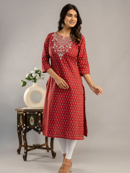 Maroon Cotton Calf Length Printed Straight Round Neck Kurta