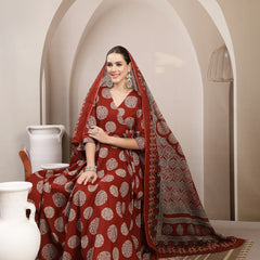 Gulmohar Jaipur Cotton Calf Length Printed 3/4 Sleeve V-Neck Anarkali Kurta Suit Set