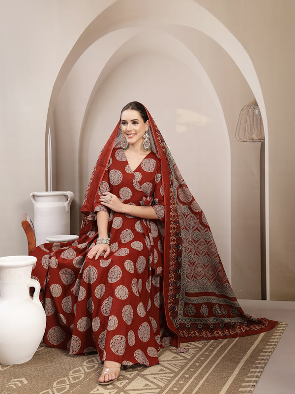 Gulmohar Jaipur Cotton Calf Length Printed 3/4 Sleeve V-Neck Anarkali Kurta Suit Set