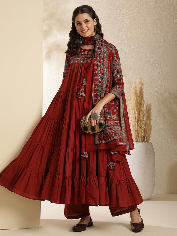 Maroon Pure Cotton Solid 3/4 Sleeves Key Hole Neck Anarkali Kurta Suit Set