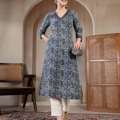Gulmohar Jaipur Cotton Calf Length Printed 3/4 Sleeves V-Neck Straight Kurta