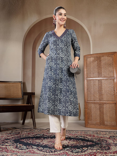 Gulmohar Jaipur Cotton Calf Length Printed 3/4 Sleeves V-Neck Straight Kurta