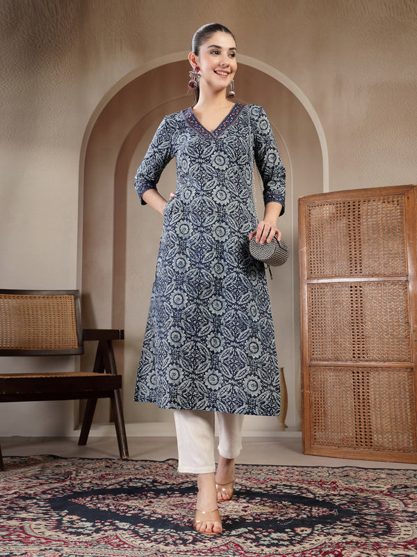 Gulmohar Jaipur Cotton Calf Length Printed 3/4 Sleeves V-Neck Straight Kurta