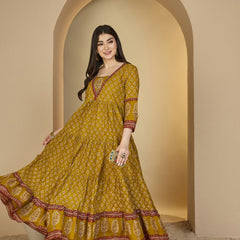 Gulmohar Jaipur Cotton Ankle Length Printed 3/4 Sleeves V-Neck Anarkali Kurta