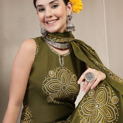 Gulmohar Jaipur Cotton Calf Length Printed Sleeveless Round Neck Straight Kurta Suit Set