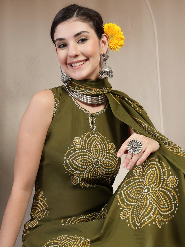 Gulmohar Jaipur Cotton Calf Length Printed Sleeveless Round Neck Straight Kurta Suit Set