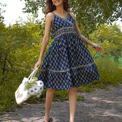 Gulmohar Jaipur Cotton Knee Length Printed Strappy Sleeve V-Neck Flared Dress