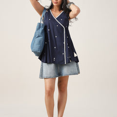 Cotton Hip Length Solid Sleeveless V-Neck Flared Top