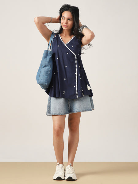 Cotton Hip Length Solid Sleeveless V-Neck Flared Top