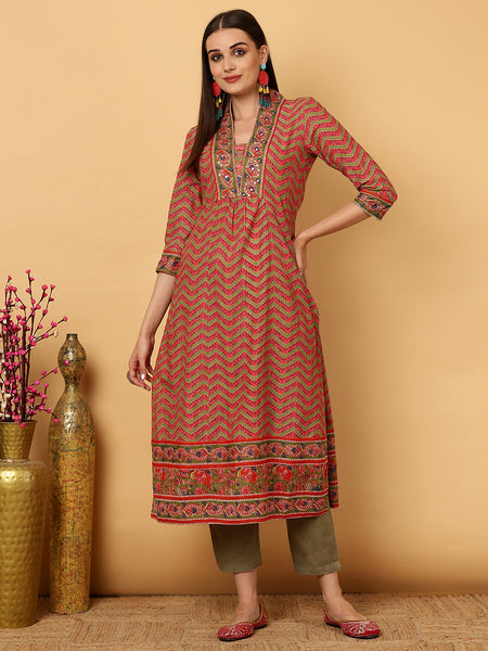 Green Cotton Calf Length A-Line V-Neck Kurta