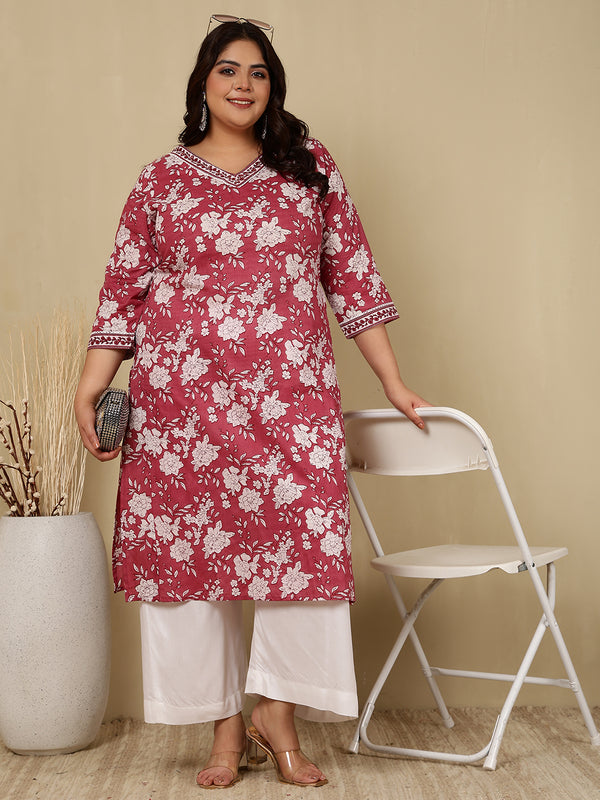 Cotton  Calf Length Printed Straight 3/4 Sleeves V-Neck Kurta
