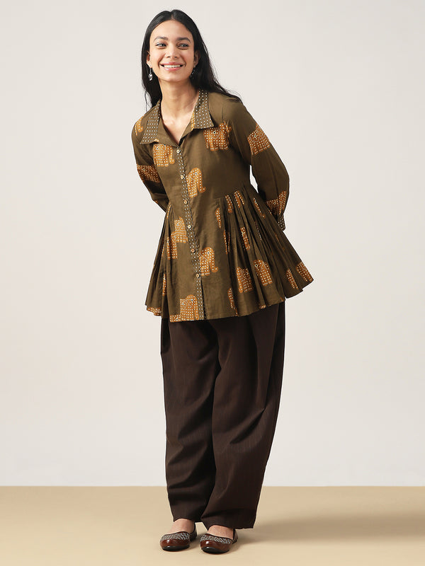 Cotton Hip Length Printed Full Sleeve Shirt Collar Flared Top