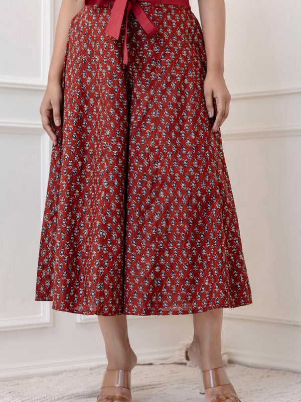 Maroon Cotton Calf Length Printed Flared Palazzo