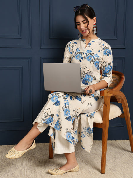 Blue Cotton Flex Calf Length Printed Mandarin  A-Line Coller Kurta