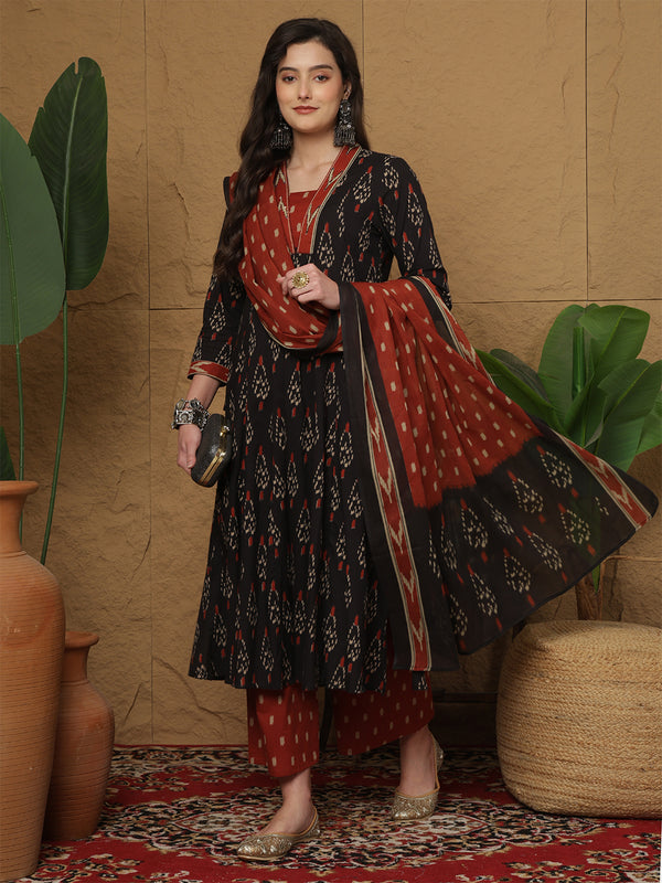Black Pure Cotton Printed Hand-Work V-Neck Semi-Flared Kurta Suit Set