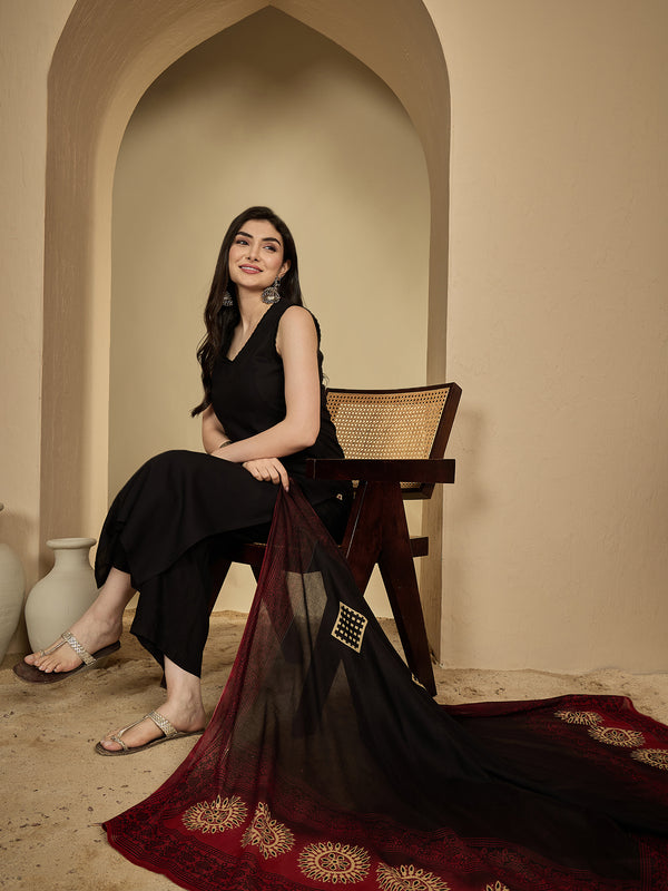 Gulmohar Jaipur Rayon Calf Length Solid Sleeveless V-Neck Straight Kurta Suit Set