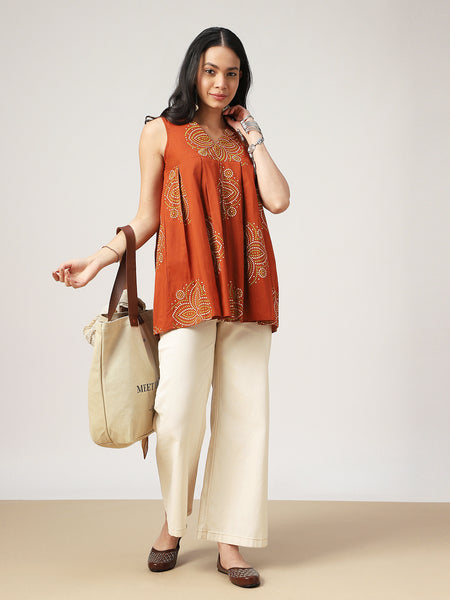 Cotton Hip Length Printed Sleeveless V-Neck Flared Top