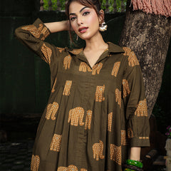 Gulmohar Jaipur Cotton Calf Length Printed Full Sleeve Shirt Collar Flared Dress
