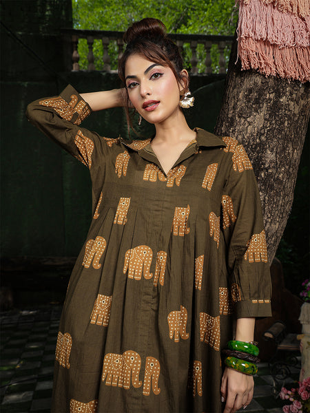 Gulmohar Jaipur Cotton Calf Length Printed Full Sleeve Shirt Collar Flared Dress