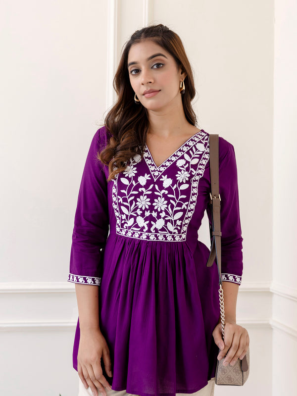 Purple Rayon Hip Length Solid V-Neck Solid Embroidered Semi-Flared Top