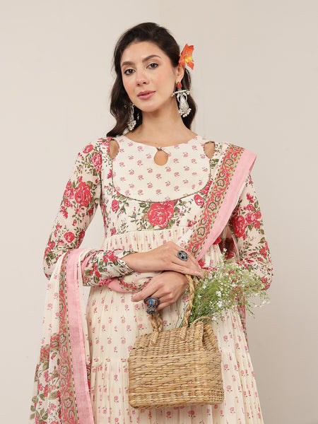 Malmal Calf Length Printed Full Sleeve Key Hole Neck Flared Kurta Suit Set