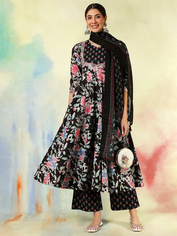 Black Pure Cotton Printed Embroidered Anarkali Kurta Suit Set