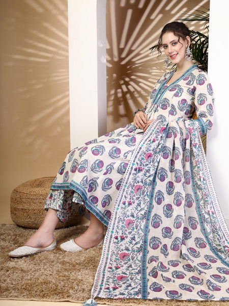 Blue Cotton Calf Length Printed V-Neck Anarkali Kurta Suit Set