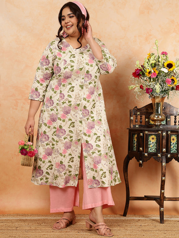 Cotton Flex  Calf Length Printed A-Line 3/4 Sleeves Round Kurta (Plus+)