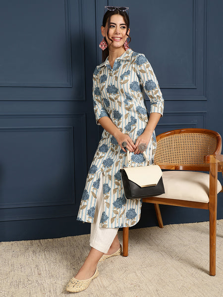 Blue Cotton Flex Calf Length Printed Shirt Coller Straight Kurta