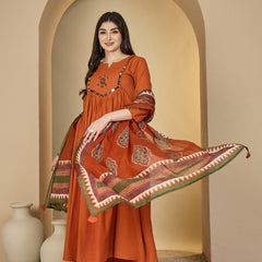 Gulmohar Jaipur Cotton Calf Length Solid 3/4 Sleeves Round Neck Flared Kurta Suit Set