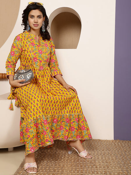 Mustard Cotton Calf Length Printed Round Flared Gown