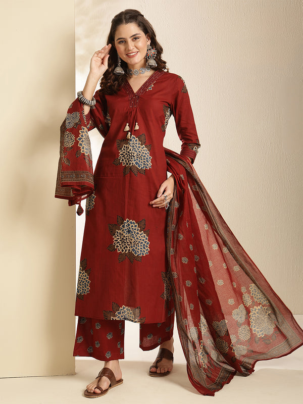 Maroon Pure Cotton Printed 3/4 Sleeves V-Neck Straight Kurta Suit Set