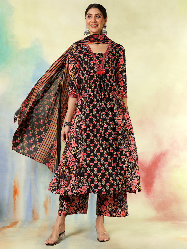 Black Pure Cotton Printed Embroidered Semi-Flared Kurta Suit Set