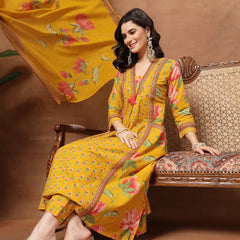Cotton Calf Length Printed 3/4 Sleeves V-Neck Flared Kurta Suit Set