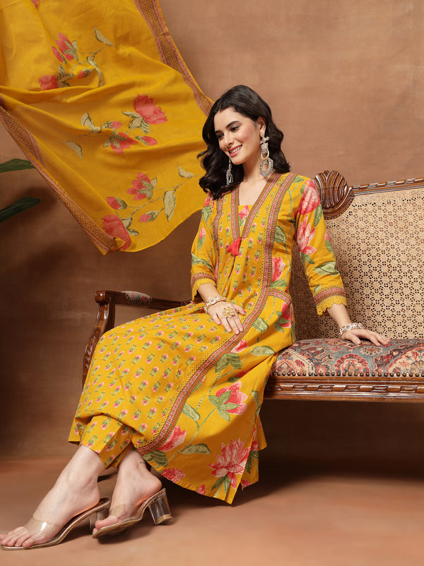 Cotton Calf Length Printed 3/4 Sleeves V-Neck Flared Kurta Suit Set