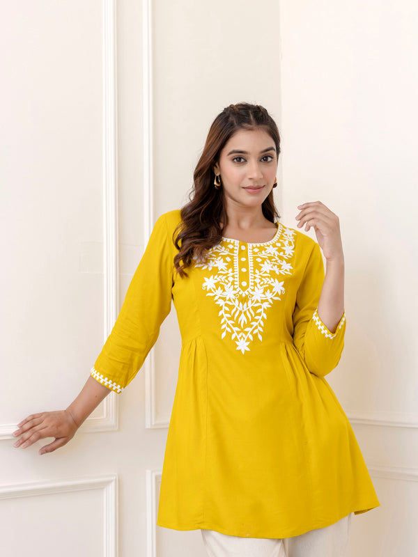 Yellow Rayon Hip Length Solid Round Neck Solid Embroidered Straight Top