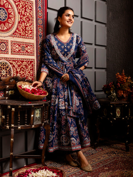 Wine Cotton Calf Length Printed Flared V-Neck Kurta Suit Set