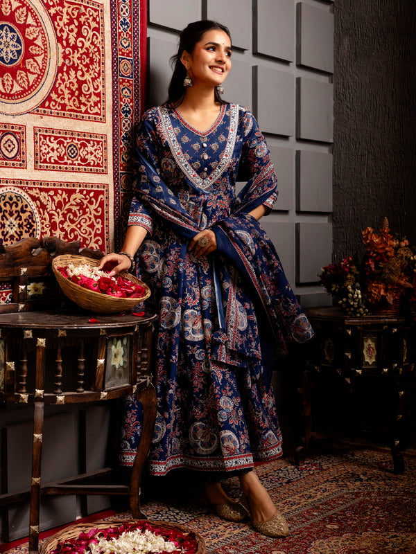 Blue Cotton Calf Length Printed Flared V-Neck Kurta Suit Set