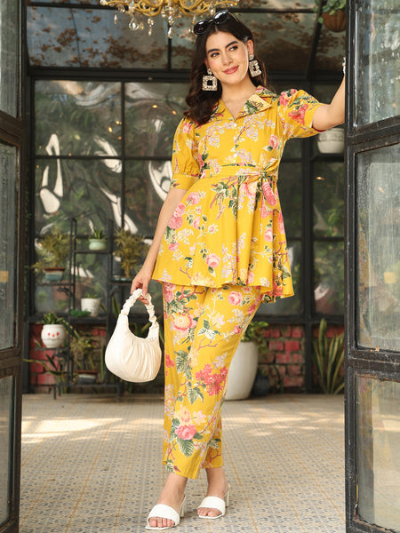 Yellow Cotton Hip Length Printed Shirt Collar Flared Top Palazzo Set