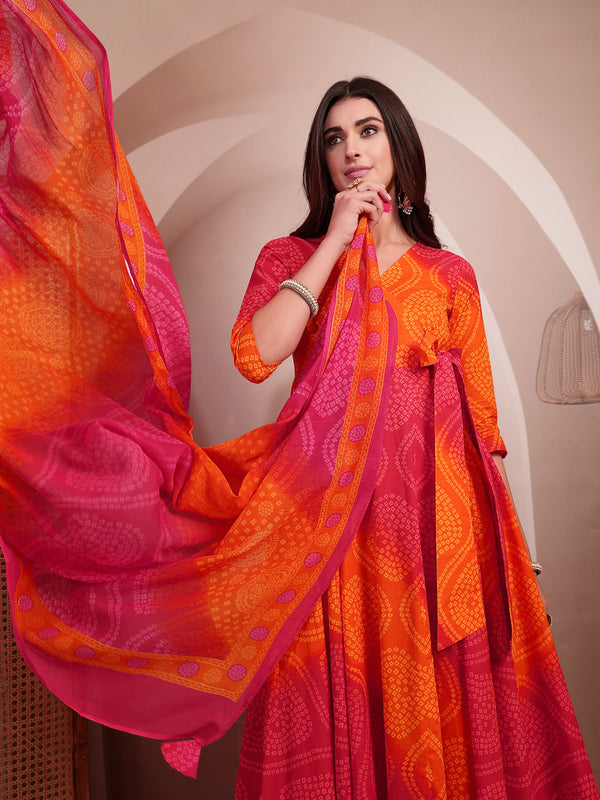 Gulmohar Jaipur Cotton Calf Length Printed 3/4 Sleeves V-Neck Flared Kurta Suit Set