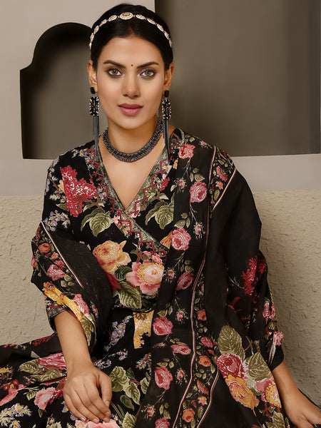 Black Cotton Calf Length Printed V-Neck Anarkali Kurta Suit Set