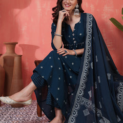 Rayon Calf Length Printed 3/4 Sleeves Round Neck Semi-Flared Kurta Suit Set