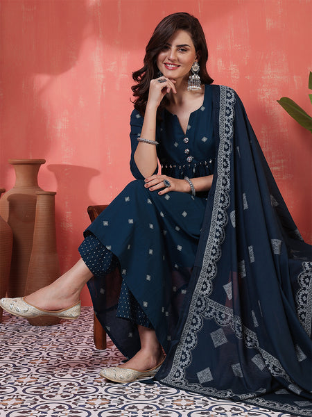 Rayon Calf Length Printed 3/4 Sleeves Round Neck Semi-Flared Kurta Suit Set