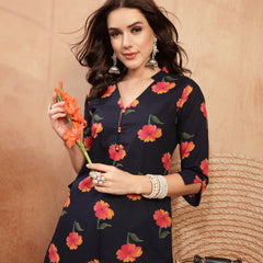 Gulmohar Jaipur Cotton Calf Length Printed 3/4 Sleeve V-Neck Straight Kurta