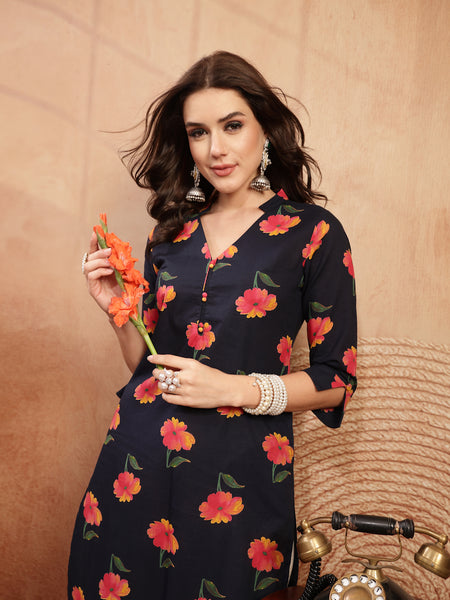 Gulmohar Jaipur Cotton Calf Length Printed 3/4 Sleeve V-Neck Straight Kurta