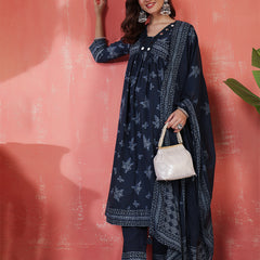Navy Rayon Calf Length Printed 3/4 Sleeves V-Neck Semi-Flared Kurta Suit Set