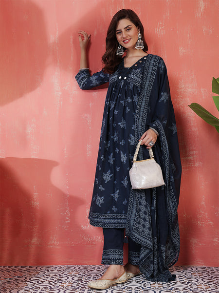 Navy Rayon Calf Length Printed 3/4 Sleeves V-Neck Semi-Flared Kurta Suit Set