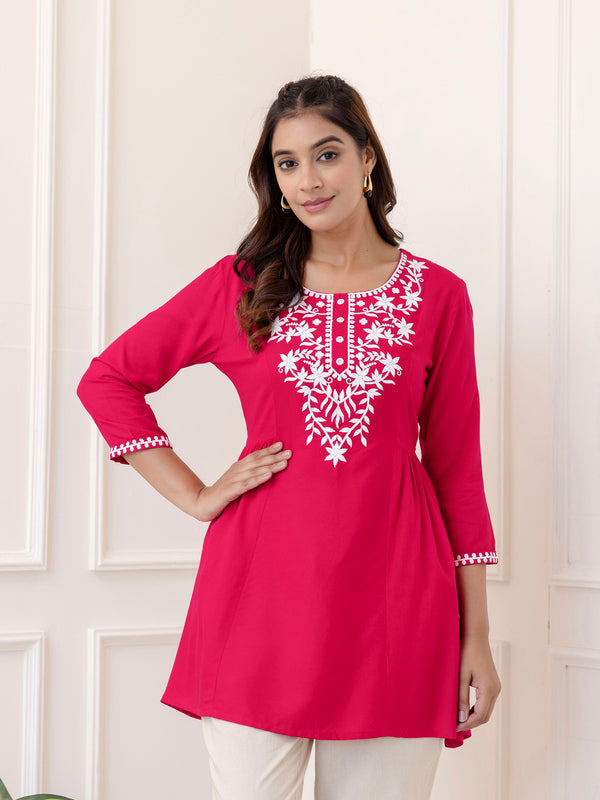 Rani Rayon Hip Length Solid Round Neck Solid Embroidered Straight Top